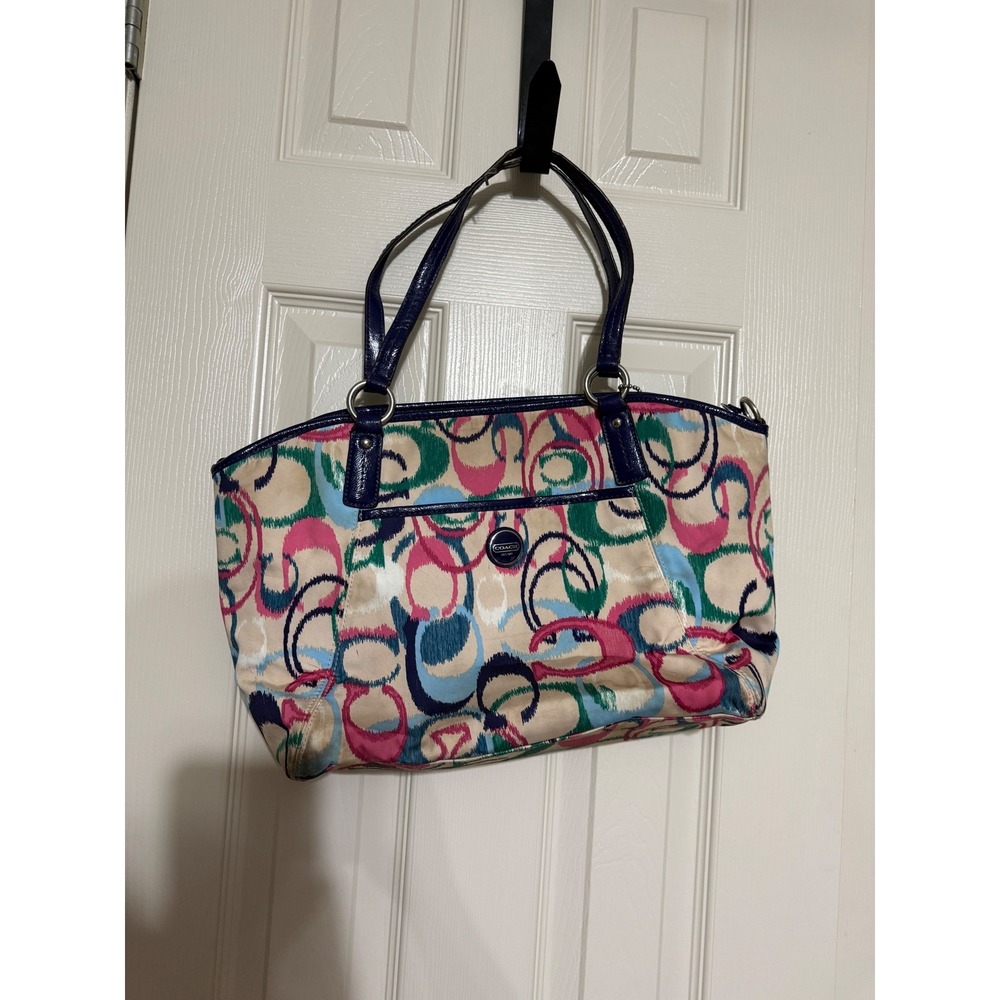 Coach Poppy Multicolor Ikat Scribble C Logo Sateen Tote Bag Purple Trim 24444